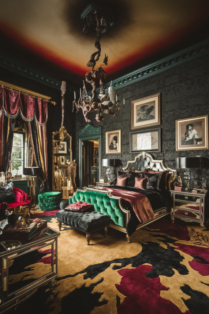 an eclectic moody maximalist bedroom