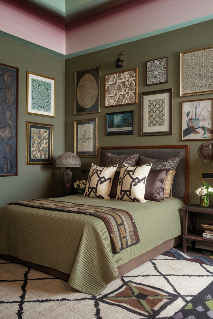 an eclectic maximalist bedroom with dark victorian style