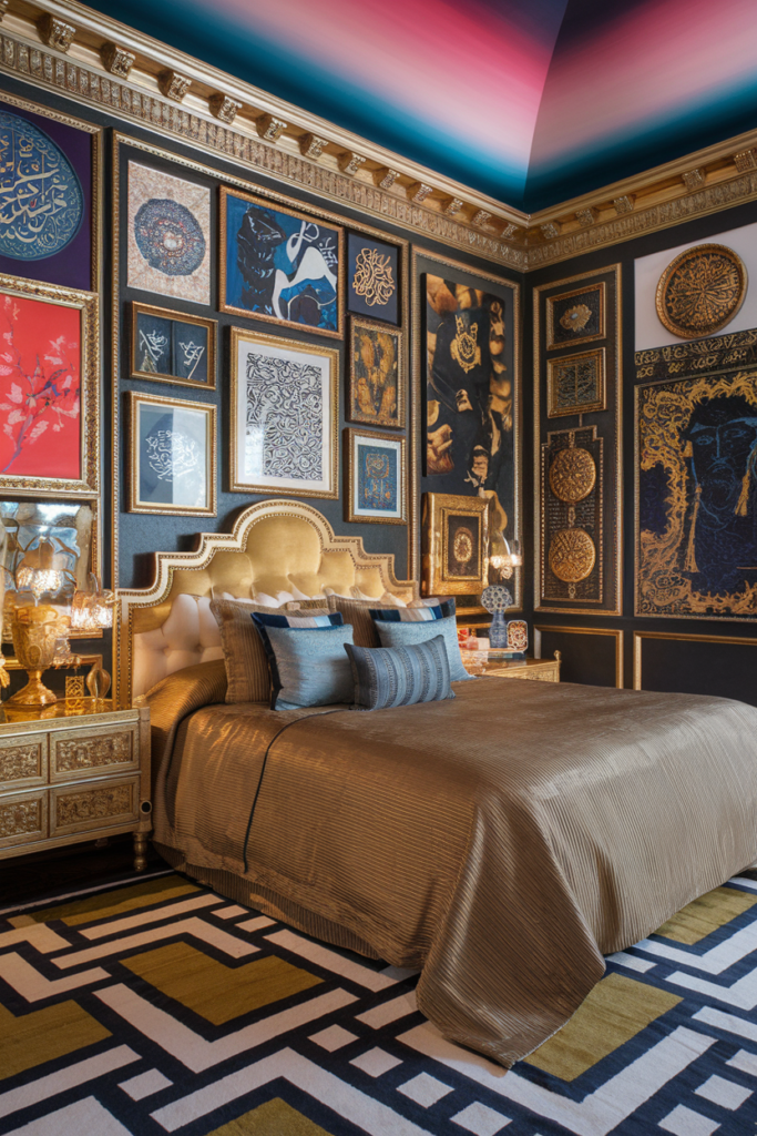 an eclectic maximalist bedroom with dark victorian style