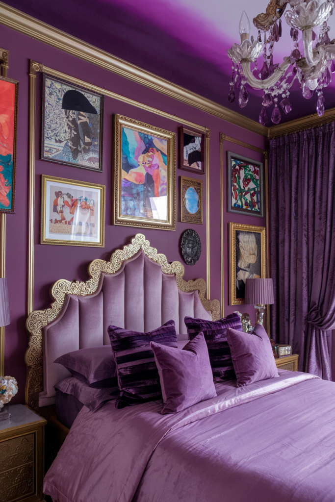 an eclectic maximalist bedroom with dark victorian style