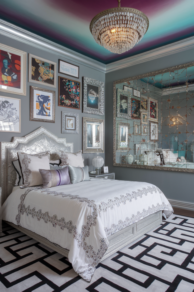 an eclectic maximalist bedroom with dark victorian style