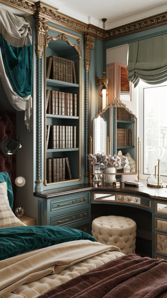 maximalist bedroom with art deco and grand millennial styles