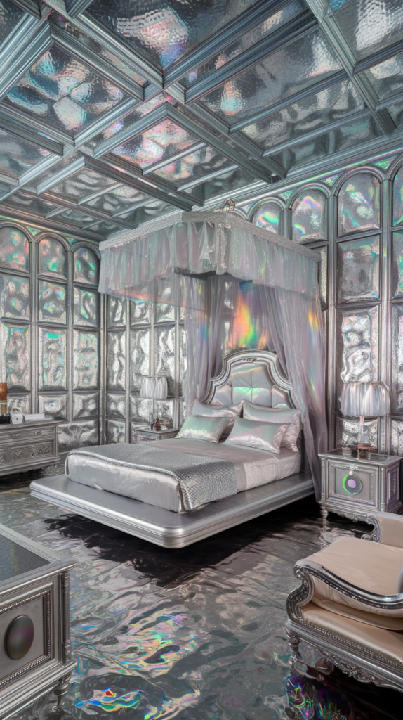 eclectic maximalist metallic bedroom