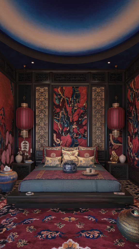 an eclectic maximalist chinese rococo bedroom 