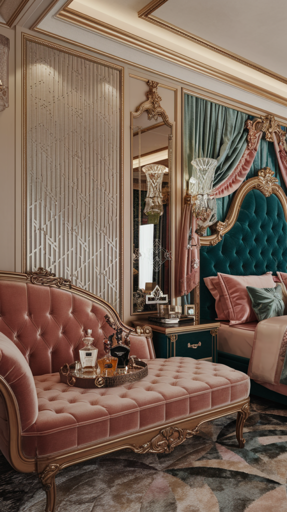 maximalist bedroom with art deco and grand millennial styles

