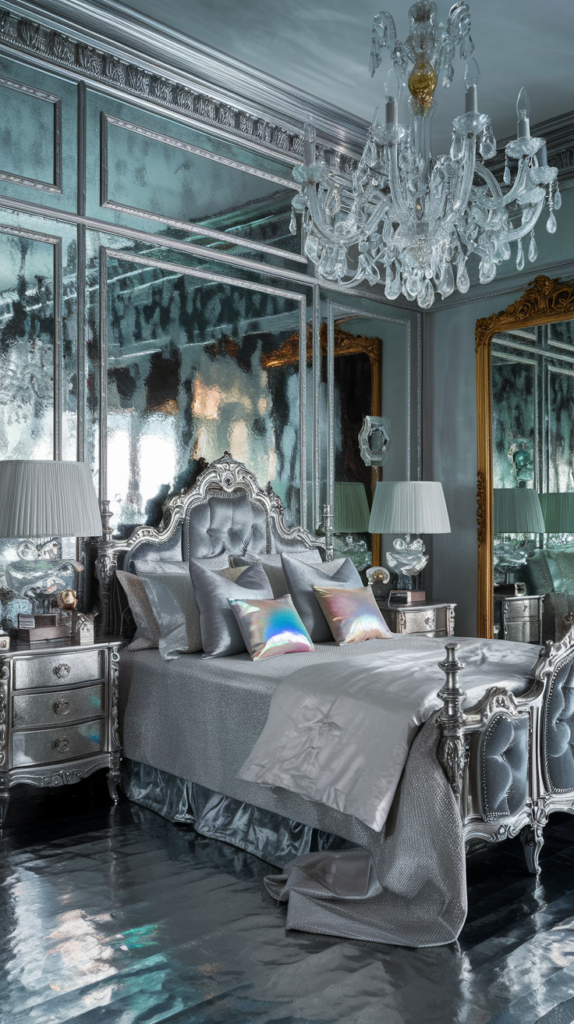 electic maximalist bedroom with metallic palette