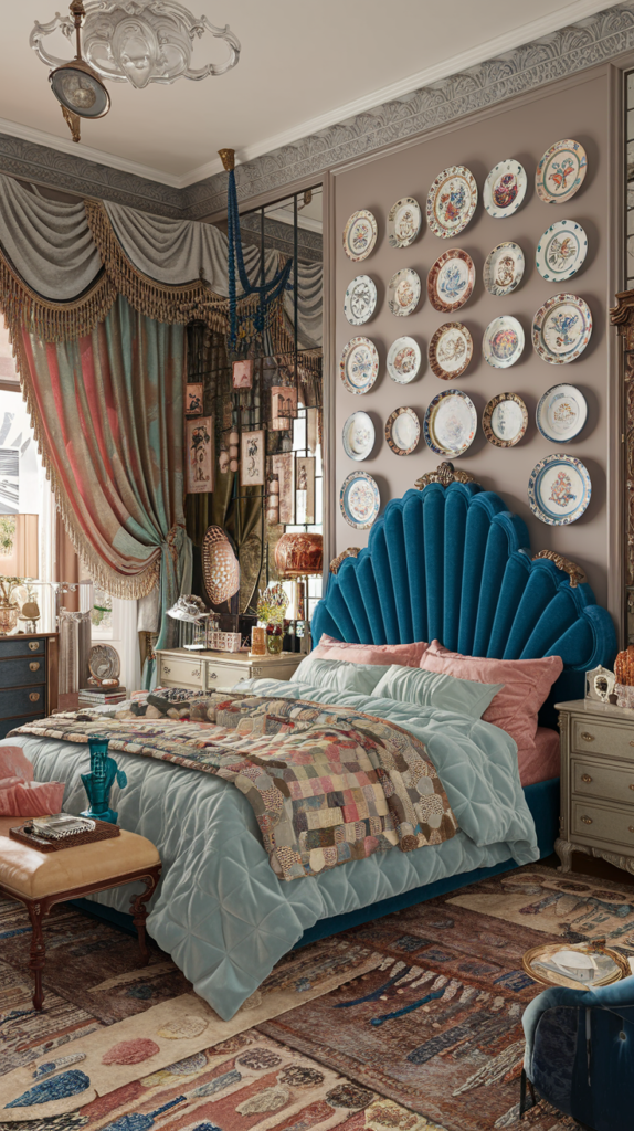 maximalist bedroom with art deco and grand millennial styles
