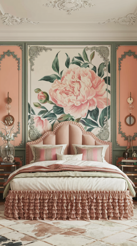 maximalist bedroom with art deco and grand millennial styles
