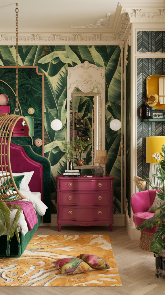 maximalist bedroom with art deco and grand millennial styles
