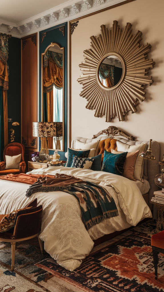maximalist bedroom with art deco and grand millennial styles
