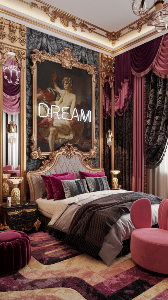 maximalist bedroom with art deco and grand millennial styles
