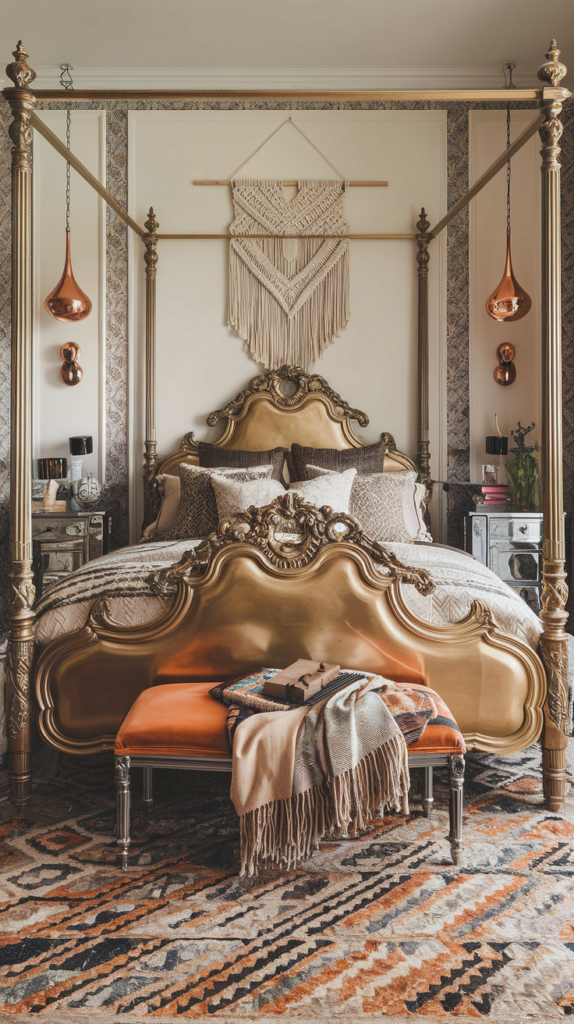 maximalist bedroom with art deco and grand millennial styles
