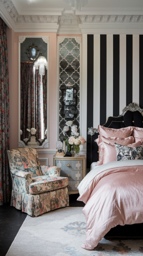 maximalist bedroom with art deco and grand millennial styles
