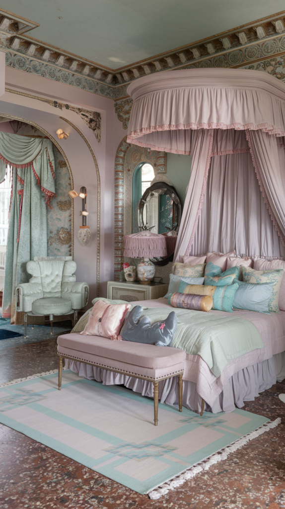 maximalist bedroom with art deco and grand millennial styles
