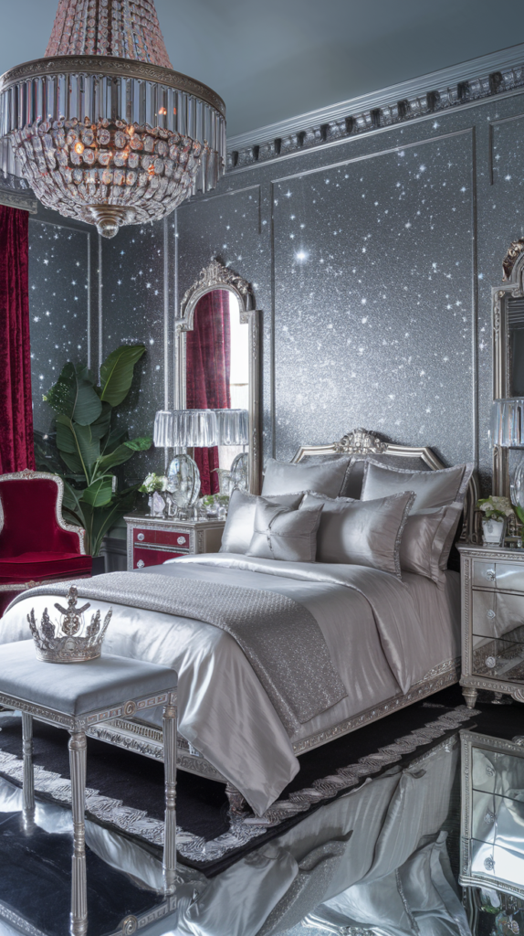 eclectic maximalist metallic bedroom