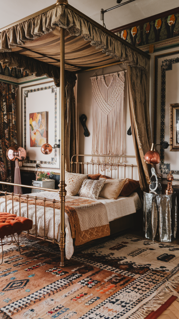 maximalist bedroom with art deco and grand millennial styles
