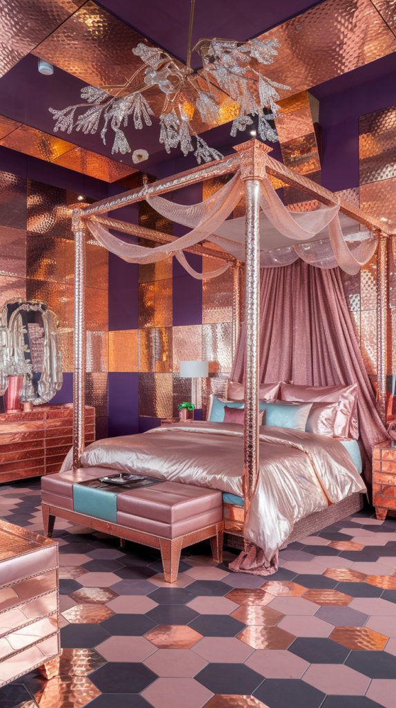 eclectic maximalist metallic bedroom
