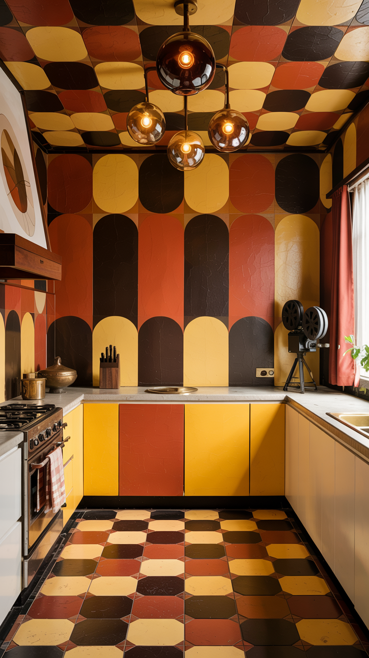 an eclectic maximalist kitchen with 70's style