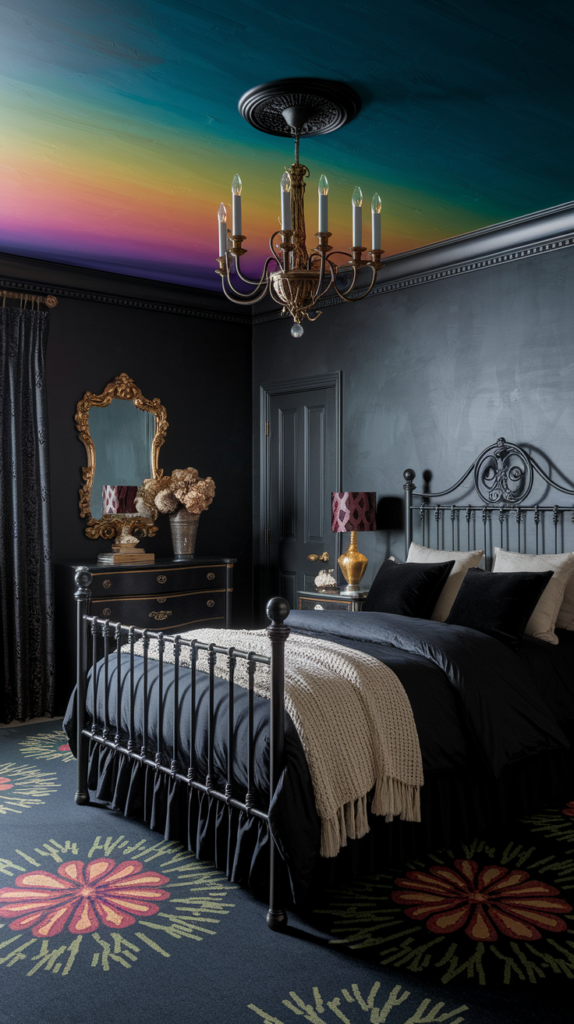 an eclectic maximalist dark cottage core bedroom