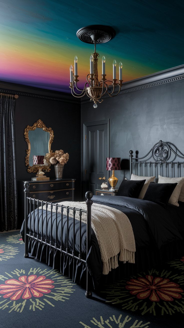 A dimly lit maximalist living room layered with art, antique furniture and deep jewel tones