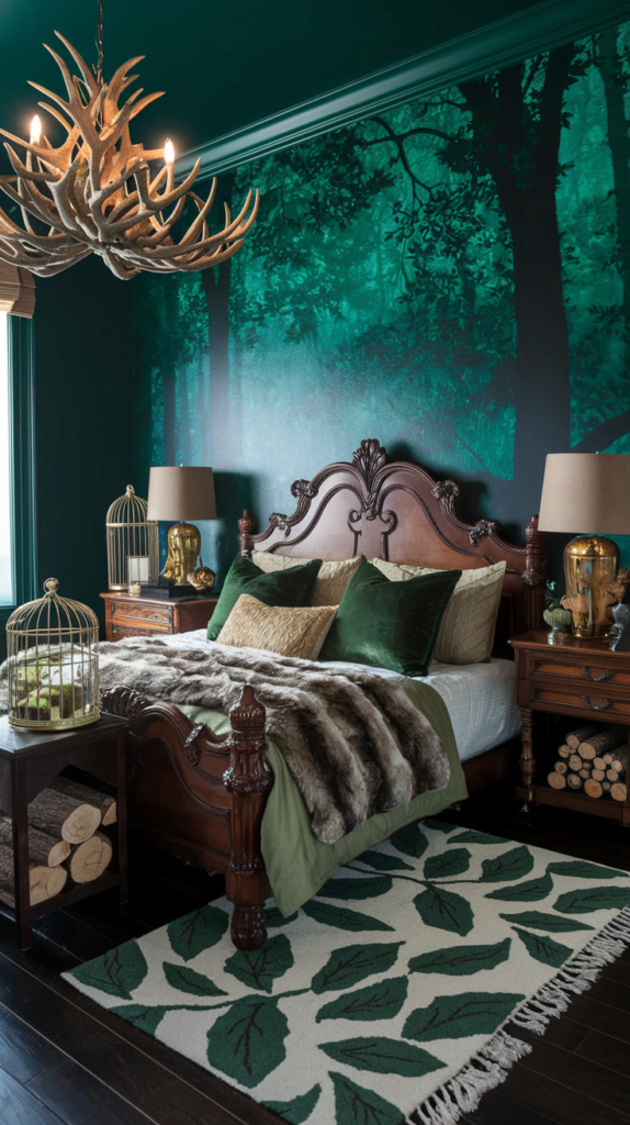 an eclectic maximalist dark cottage core bedroom