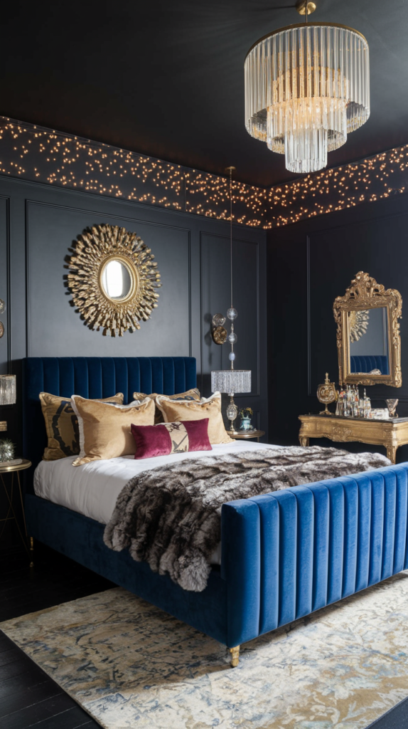 an eclectic maximalist dark cottage core bedroom