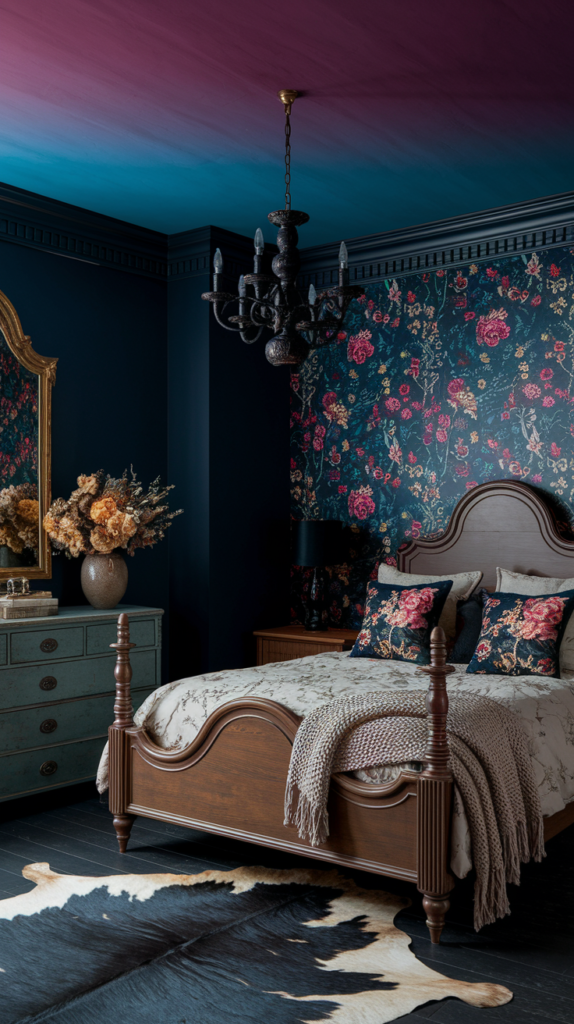 an eclectic maximalist dark cottage core bedroom