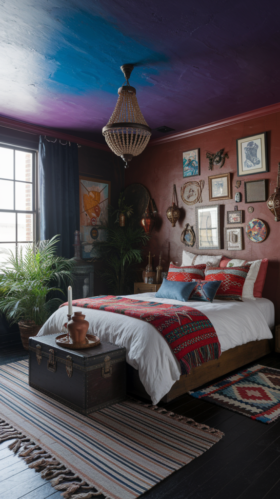 an eclectic maximalist dark cottage core bedroom