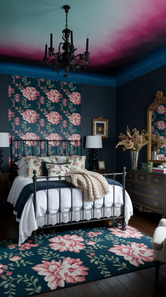 an eclectic maximalist dark cottage core bedroom