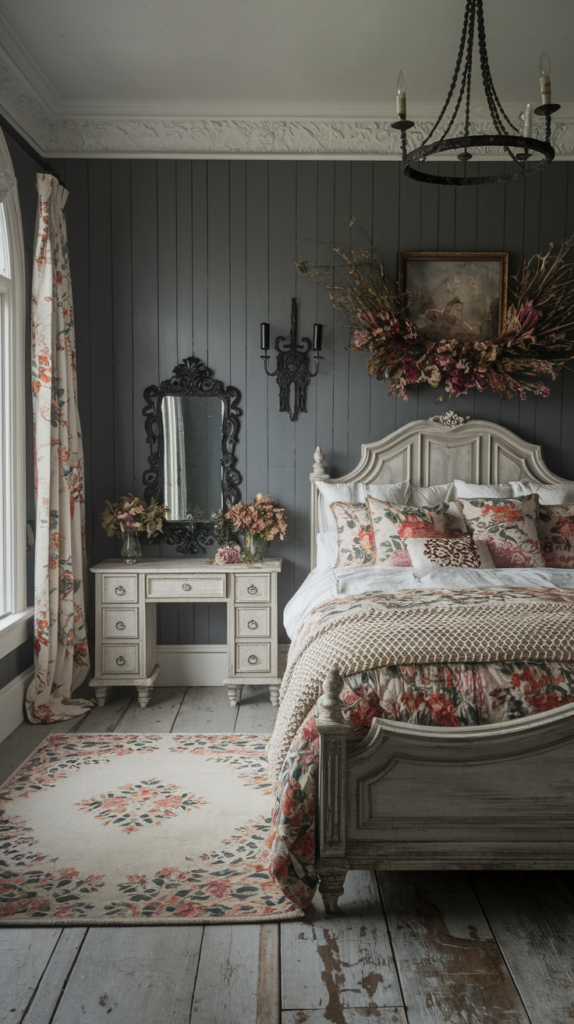 an eclectic maximalist dark cottage core bedroom 