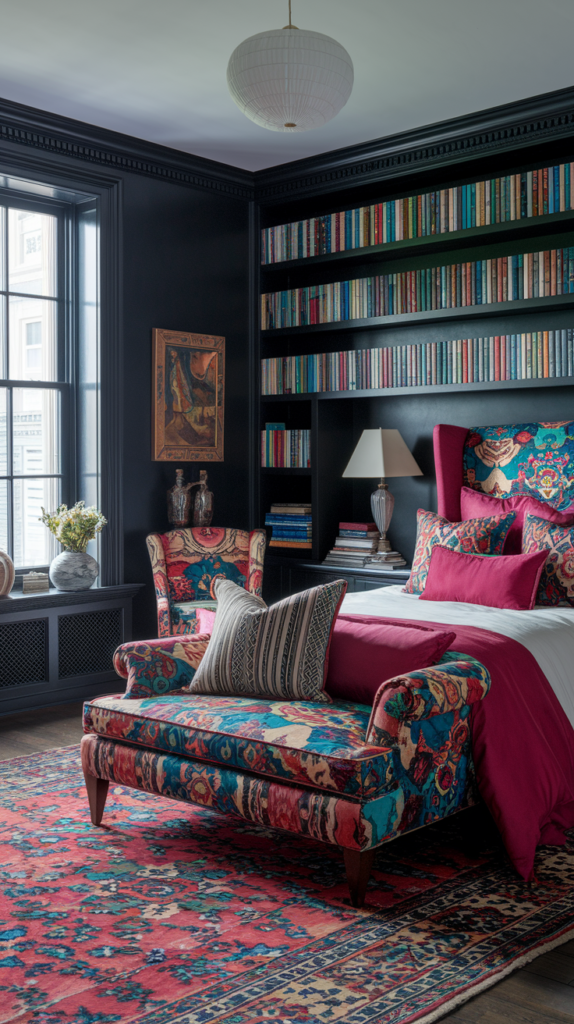 an eclectic maximalist dark cottage core bedroom 