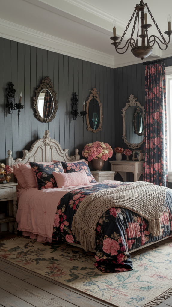 an eclectic maximalist dark cottage core bedroom
