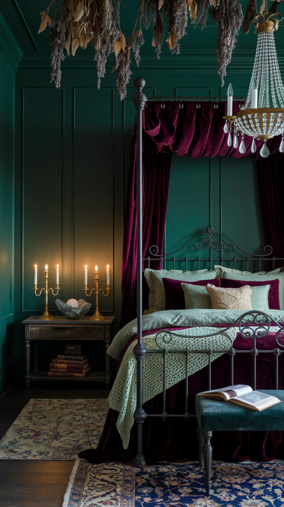 an eclectic maximalist dark cottage core bedroom 
