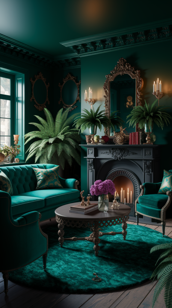 an eclectic maximalist dark cottagecore living room