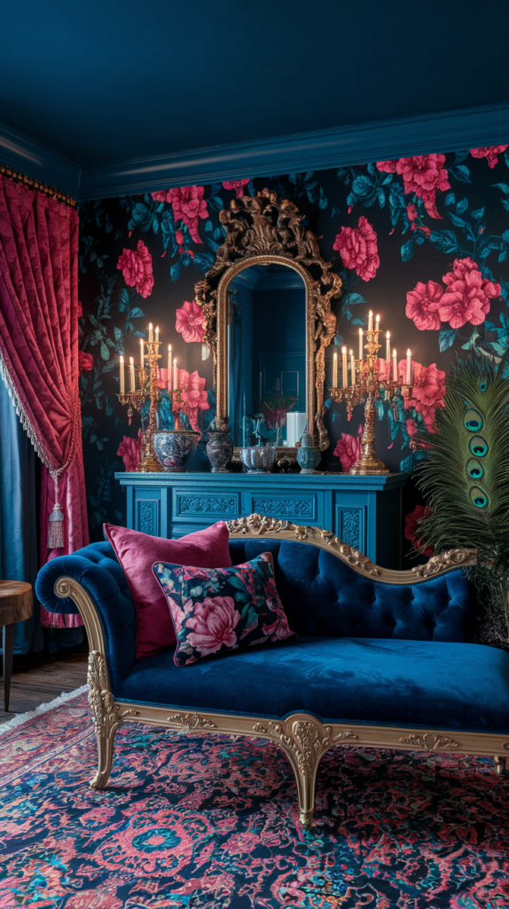 an eclectic maximalist dark cottagecore living room