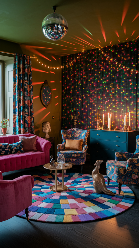 an eclectic maximalist dark cottagecore living room