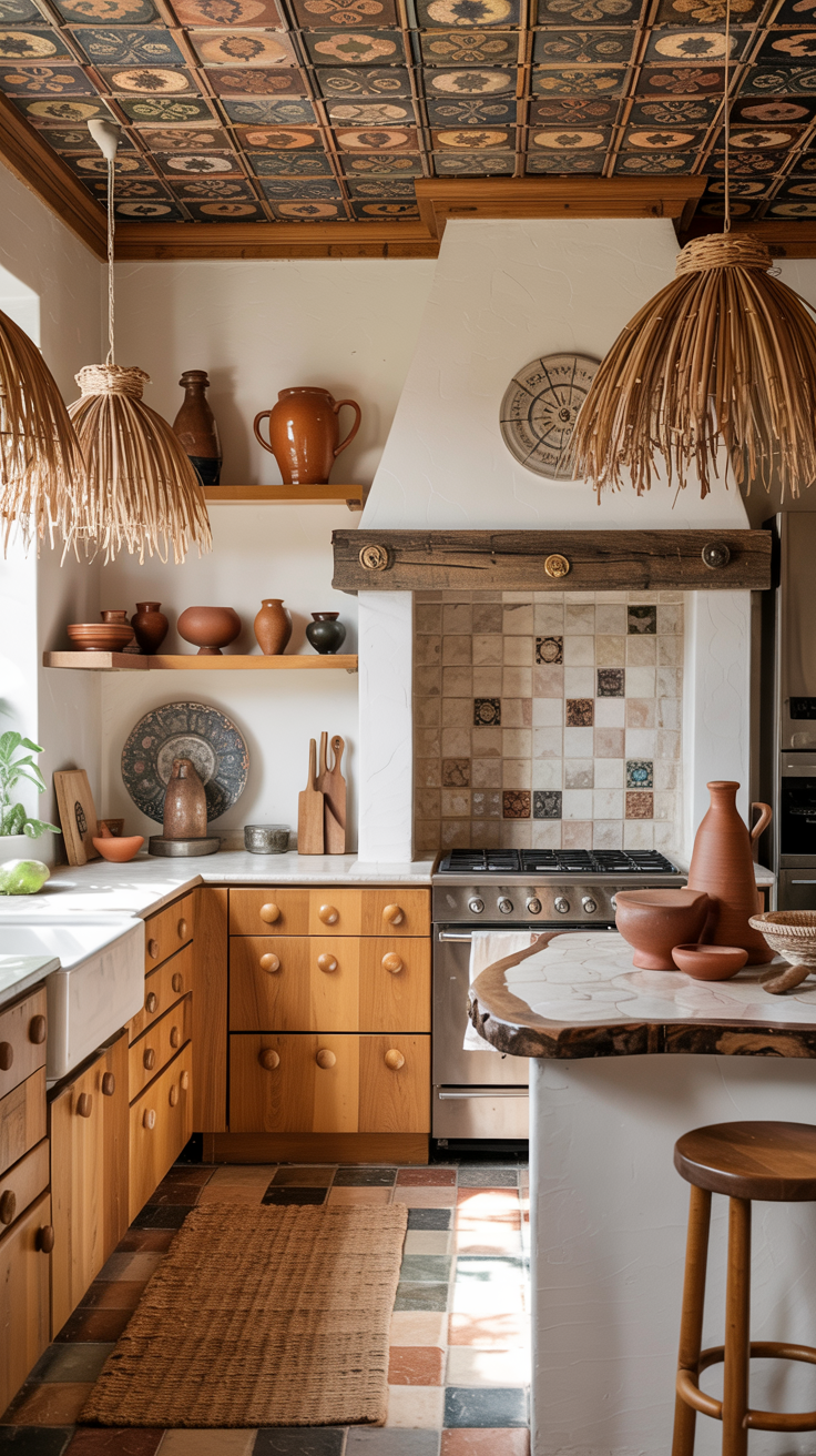 an eclectic maximalist kitchen with 70's style