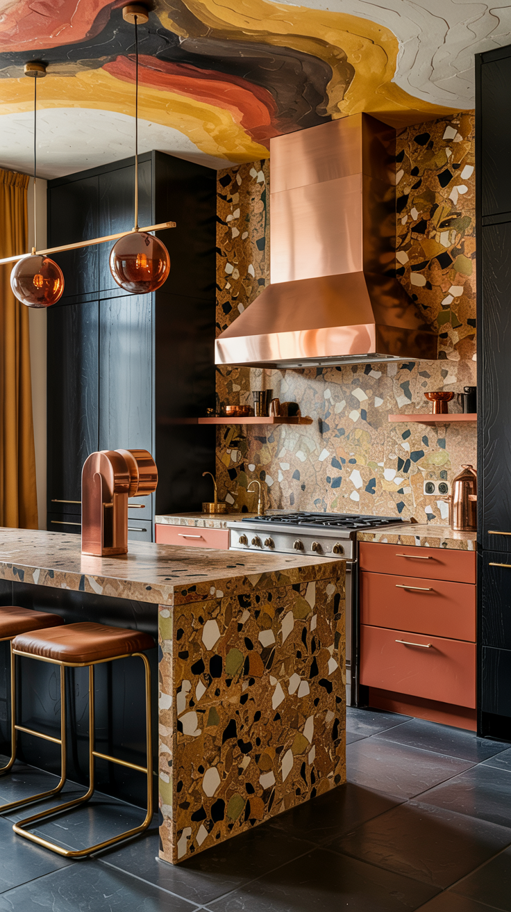 an eclectic maximalist kitchen with 70's style