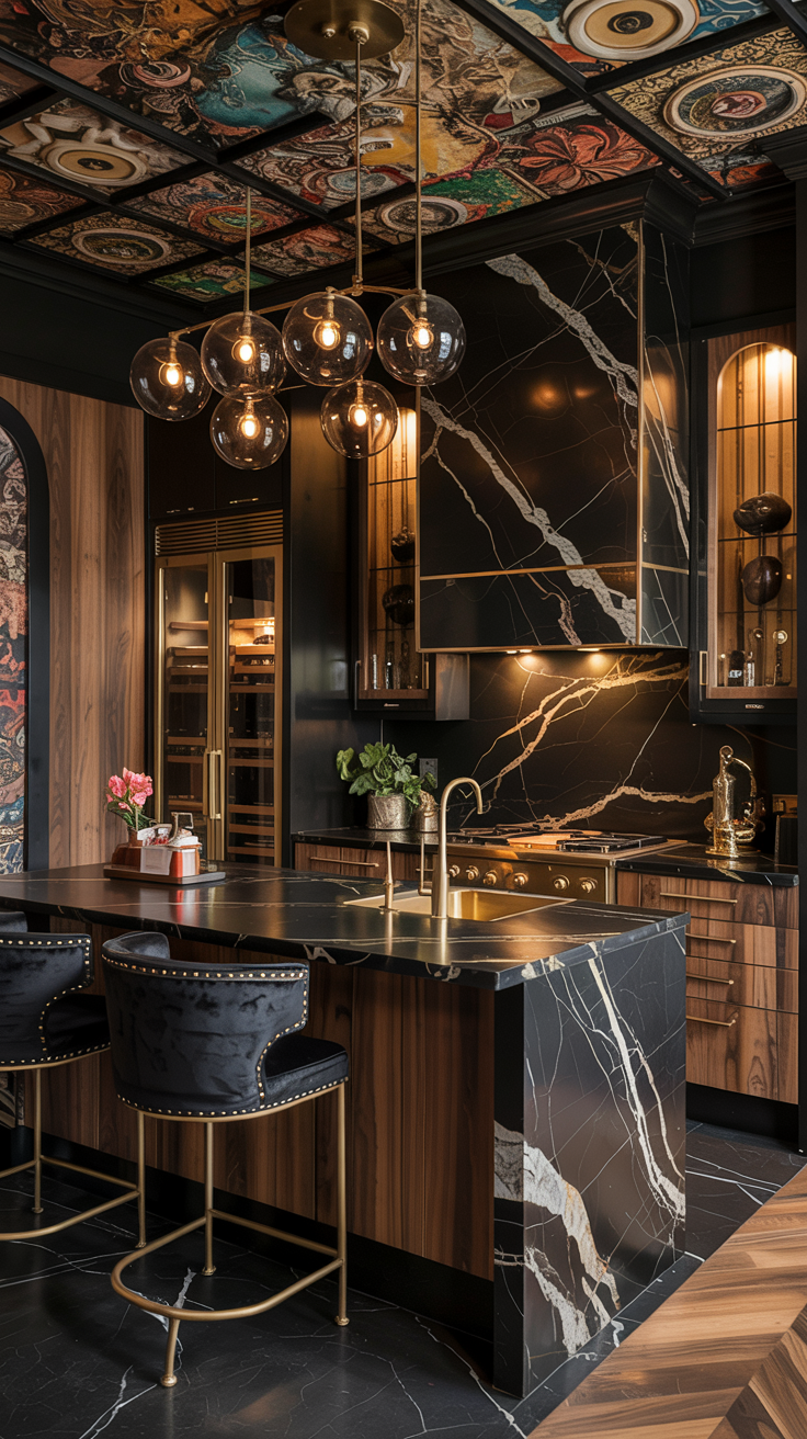 an eclectic maximalist kitchen with 70's style