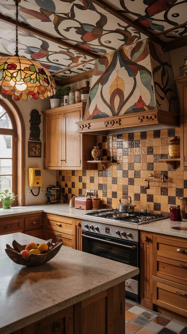 an eclectic maximalist kitchen with 70's style