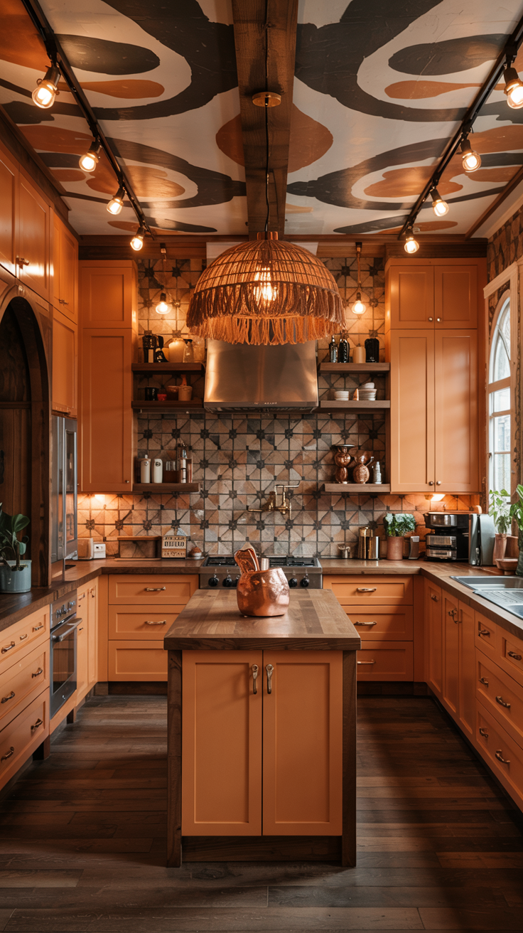 an eclectic maximalist kitchen with 70's style
