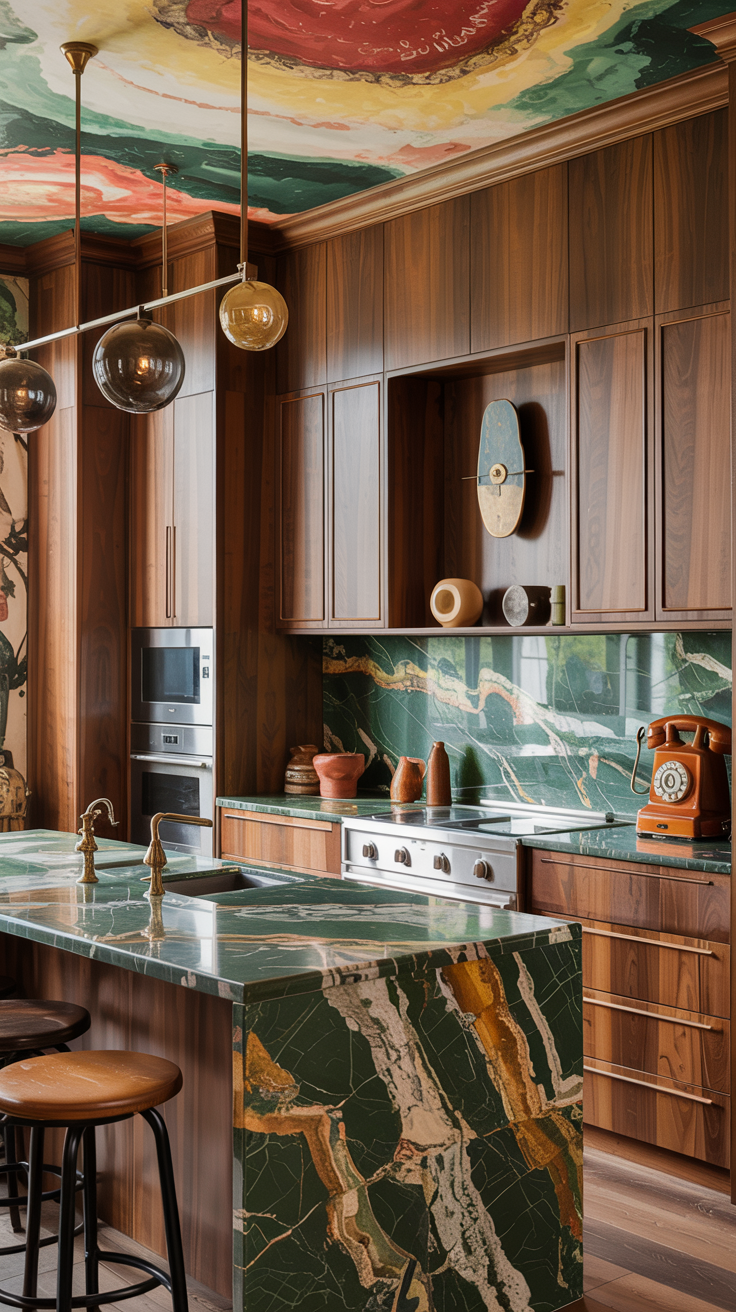 an eclectic maximalist kitchen with 70's style