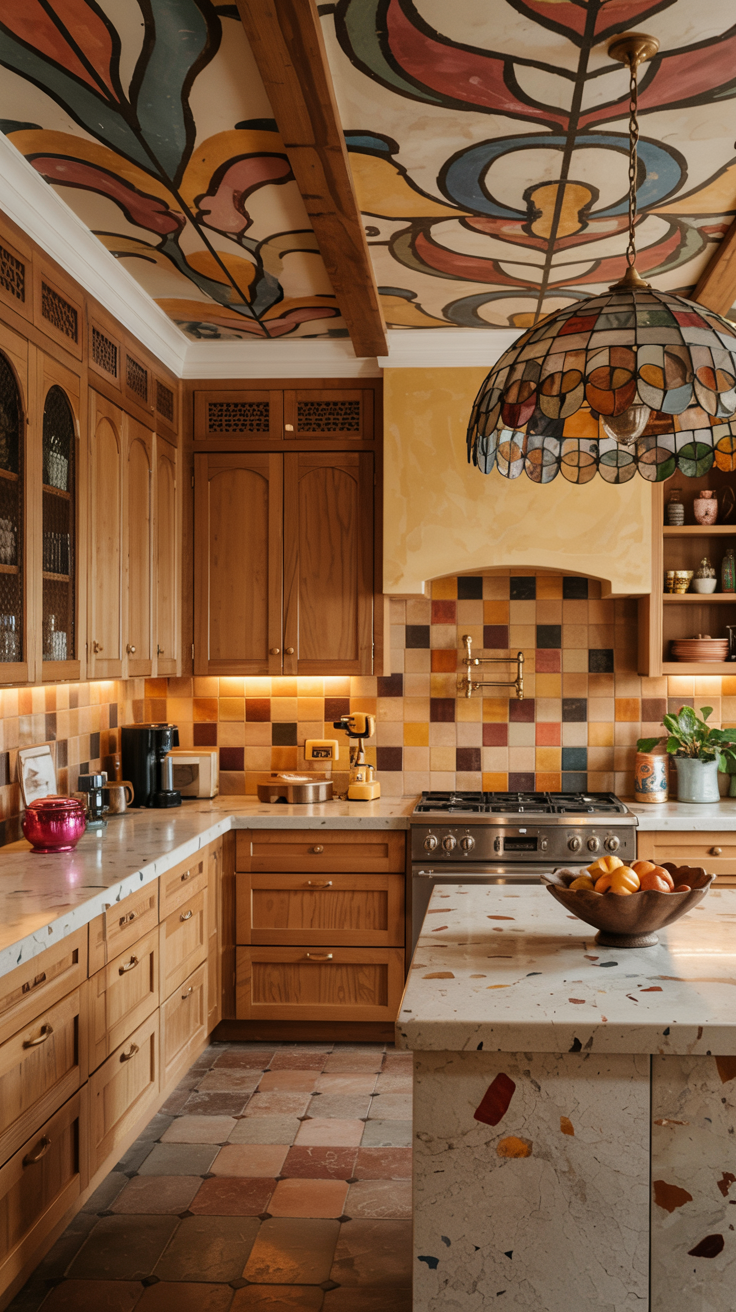 an eclectic maximalist kitchen with 70's style