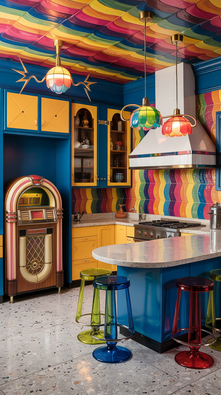 an eclectic maximalist kitchen with 70's style