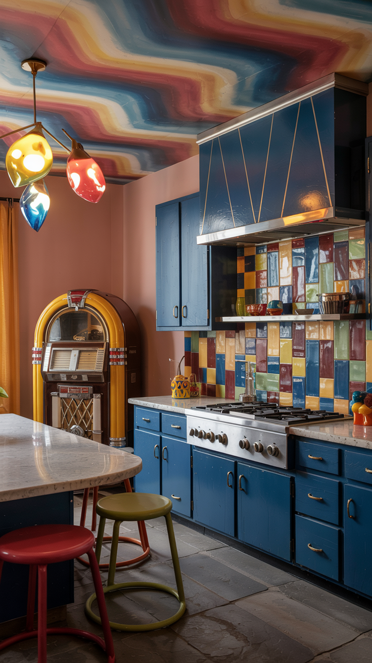 an eclectic maximalist kitchen with 70's style