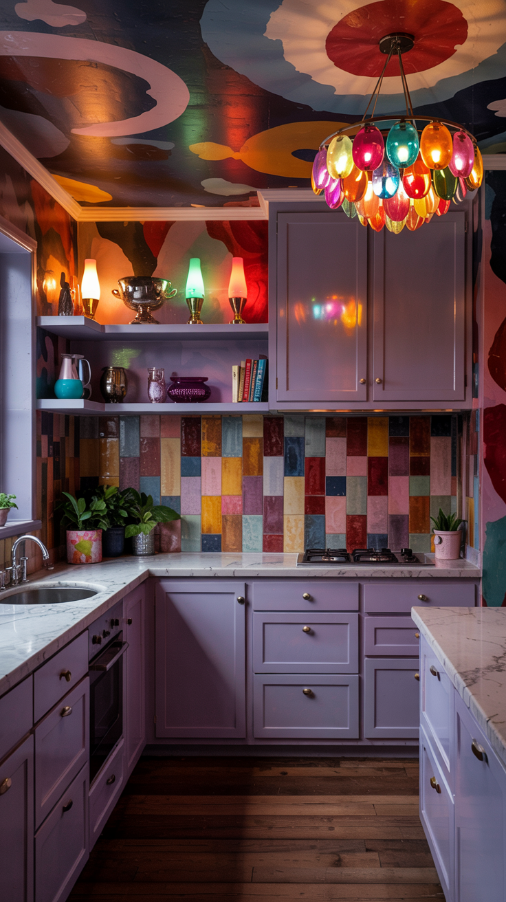 an eclectic maximalist kitchen with 70's style