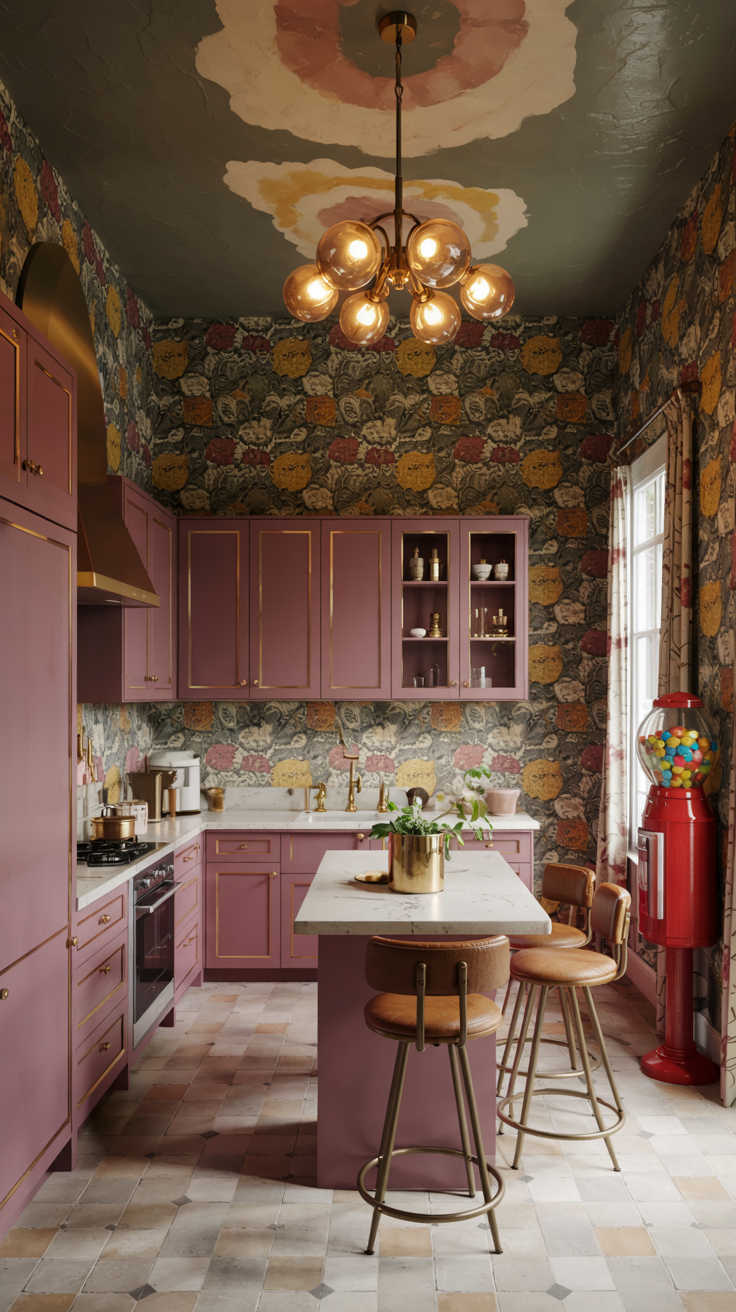 an eclectic maximalist kitchen with 70's style