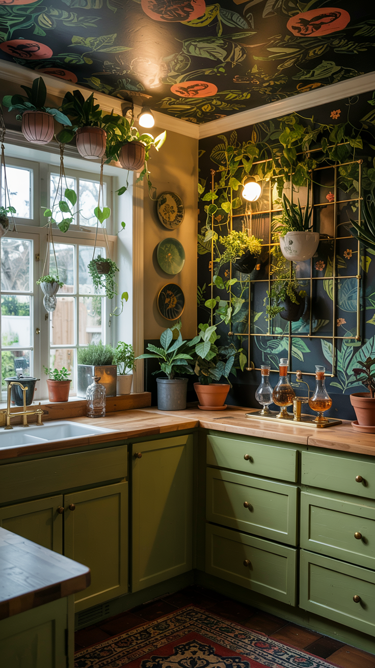 an eclectic maximalist kitchen with 70's style