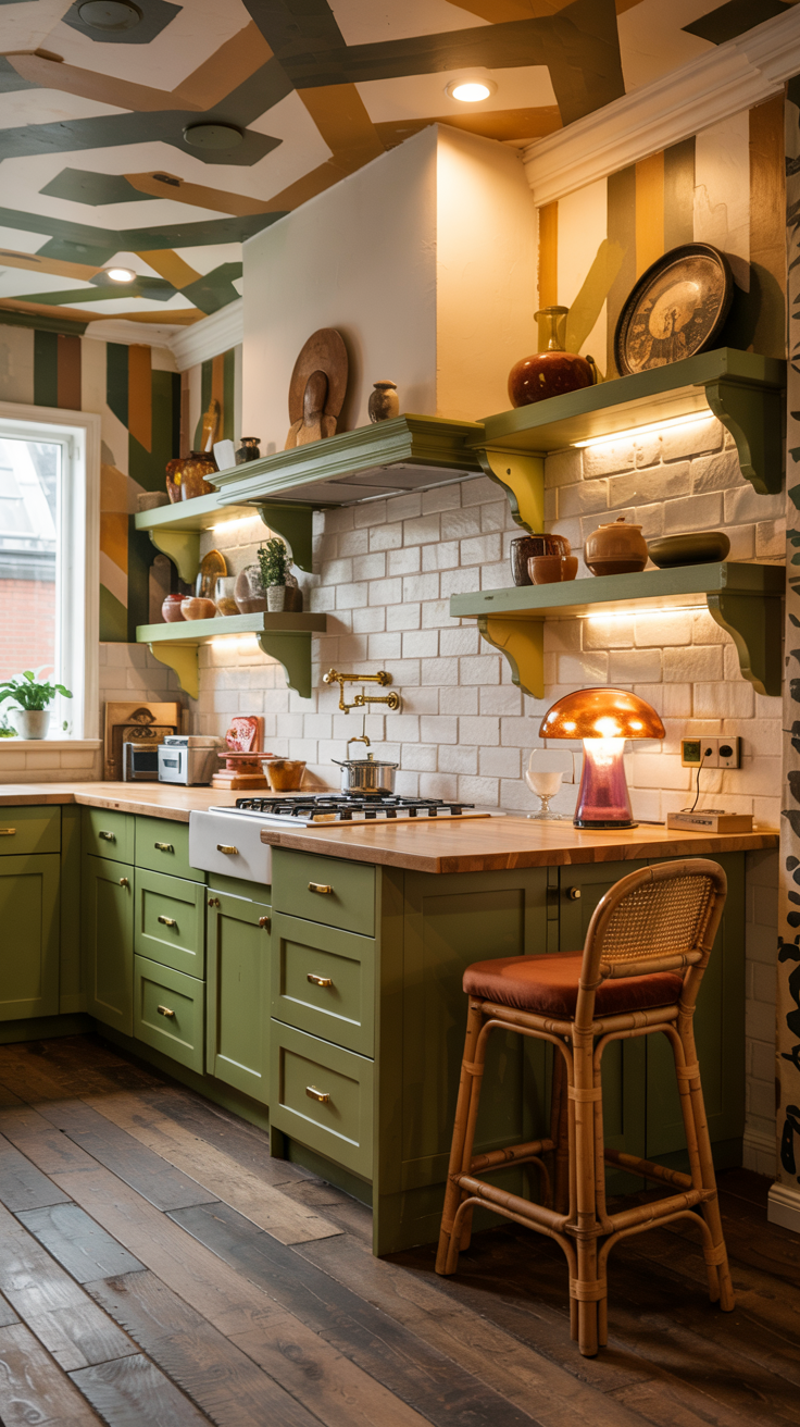 an eclectic maximalist kitchen with 70's style