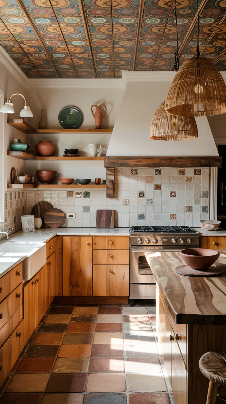 an eclectic maximalist kitchen with 70's style